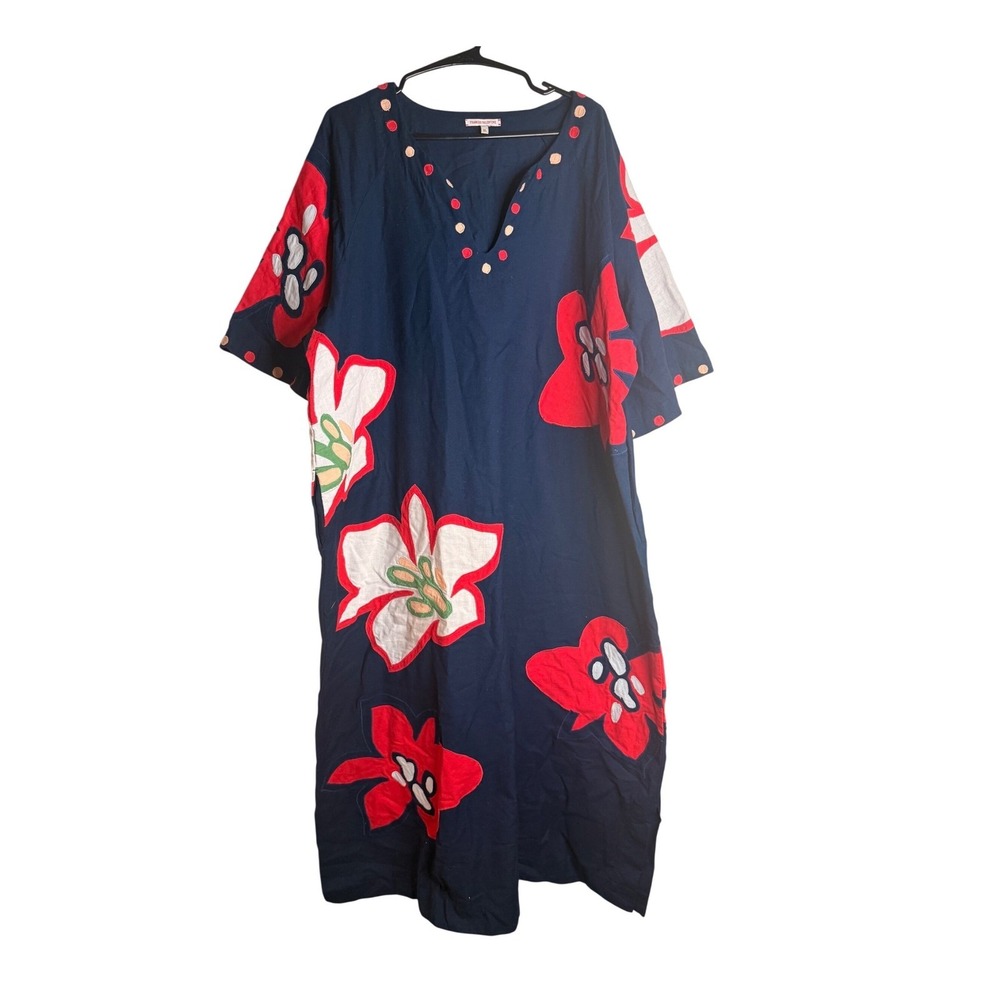 Frances Valentine Navy Blue Delightful Daisy Cotton Linen Caftan Maxi Dress XL